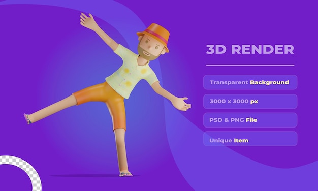 PSD pose feliz de personagem de verão 3d com fundo transparente