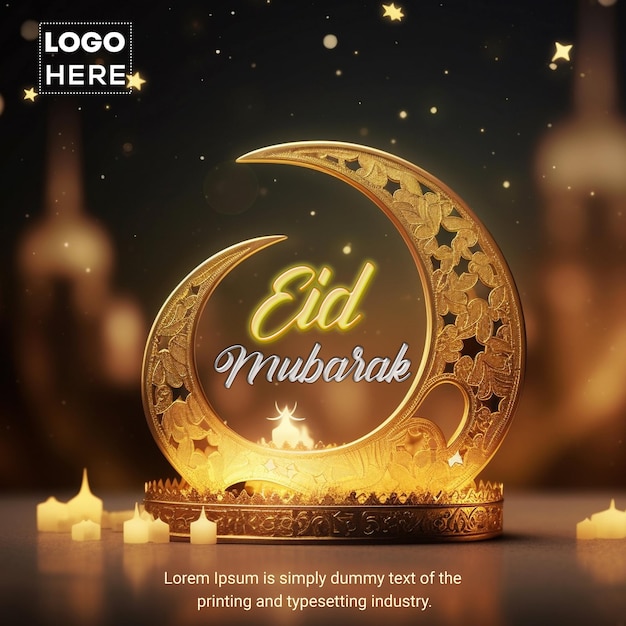 Post ou modelo de mídia social de Eid Mubarak com uma lua crescente oca em fundo de bokeh dourado