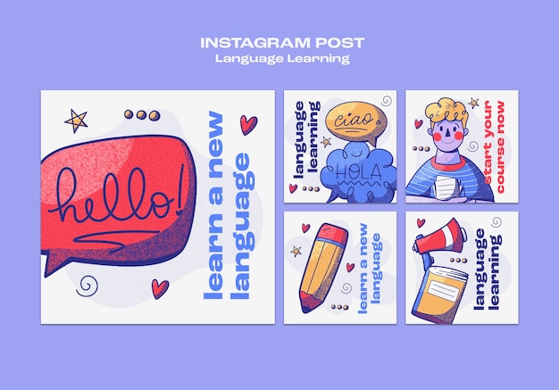 Postagens do instagram de aprendizado de idiomas desenhadas à mão