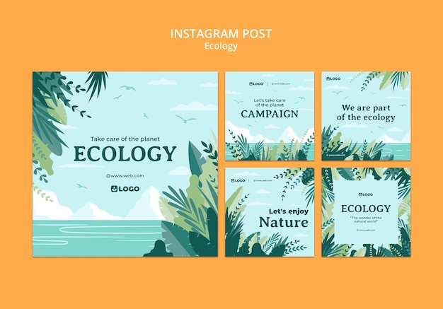 PSD postagens do instagram de ecologia de design plano