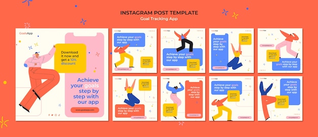 PSD postagens do instagram do aplicativo de rastreamento de metas de design plano