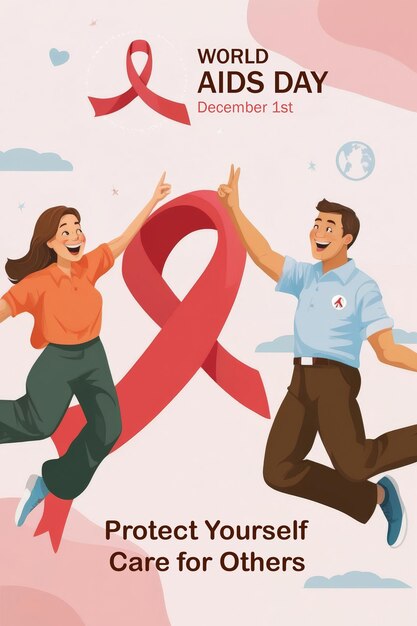 PSD poster della giornata mondiale dell'aids con amici di sostegno e il simbolo del nastro rosso