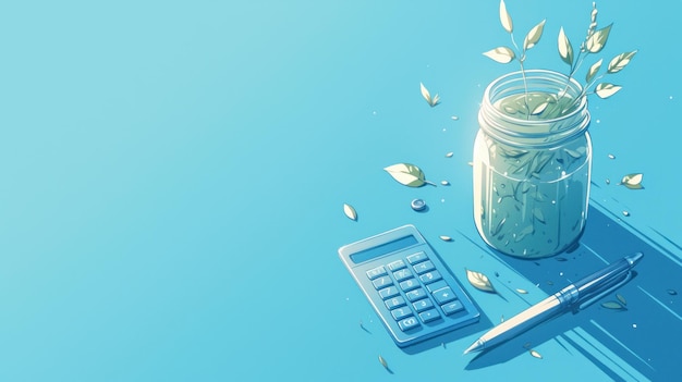 PSD un pot en verre avec des feuilles vertes, une calculatrice et un stylo sur un fond bleu