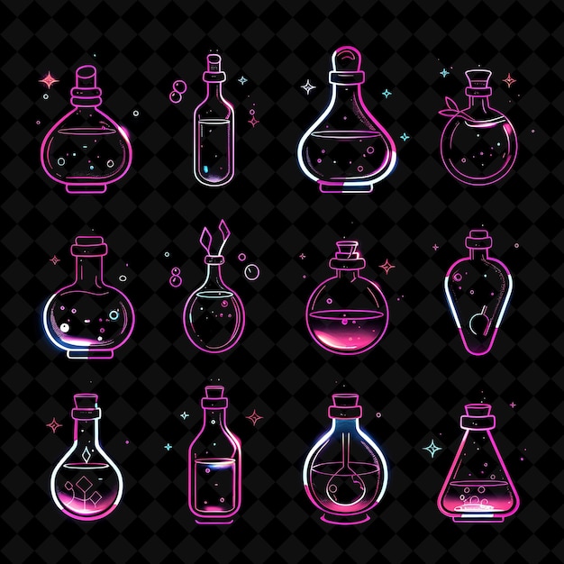 PSD potion magique 8 bits pixel avec des bulles et l'effet de lueur avec v y2k forme collections d'art au néon couleur