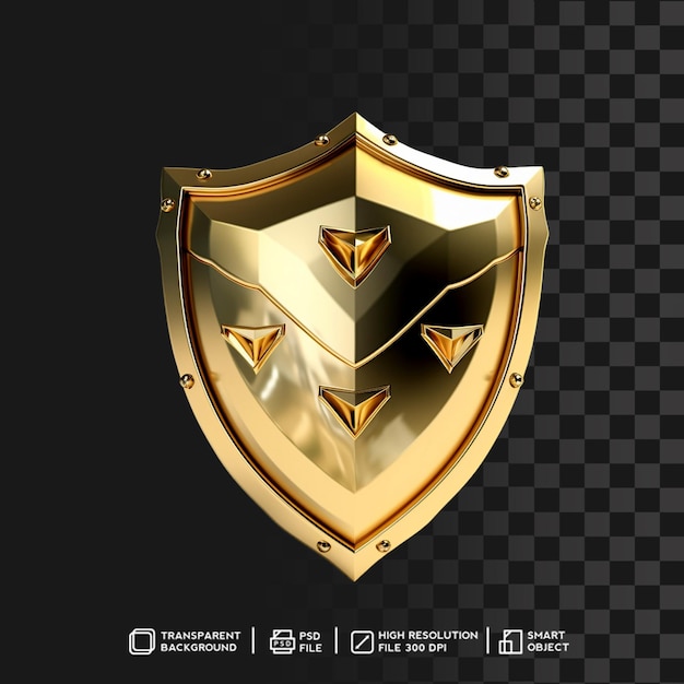 PSD premium 3d render golden metallic shiny shield sur fond isolé