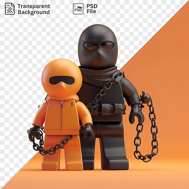 premium de dessin animé de kidnappeur 3D tenant un jouet d'otage accompagné d'une chaîne noire et d'un jouet jaune et orange avec un long bras visible en arrière-plan