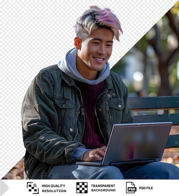 PSD prime d'un jeune homme avec les cheveux teints assis sur le banc dans le parc et travaillant sur un ordinateur portable png