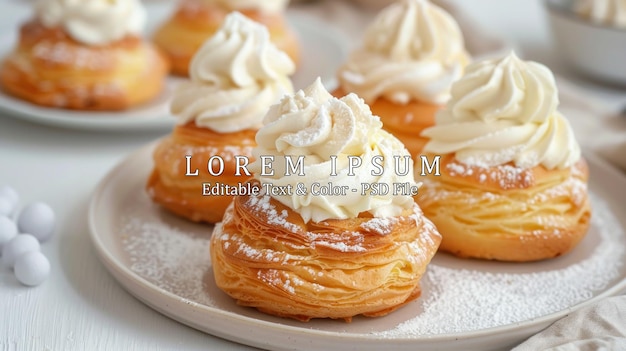 PSD profiteroles choux com um creme de creme creme anglaise creme batido sobremesa em um prato branco