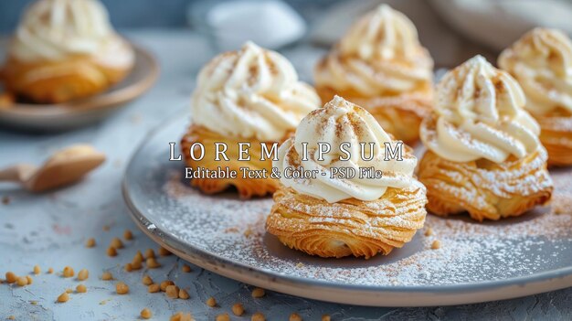 PSD profiteroles choux com um creme de creme creme anglaise creme batido sobremesa em um prato branco