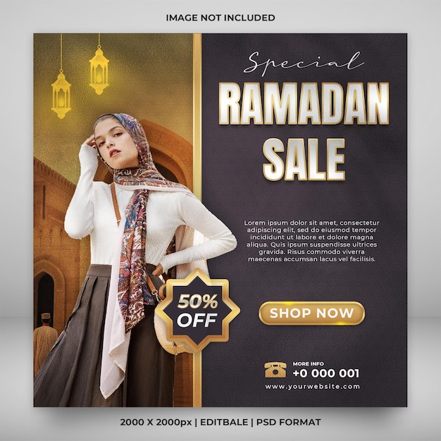 Promotion de bannière carrée de vente de ramadan en or de luxe ou modèle de publication sur les médias sociaux