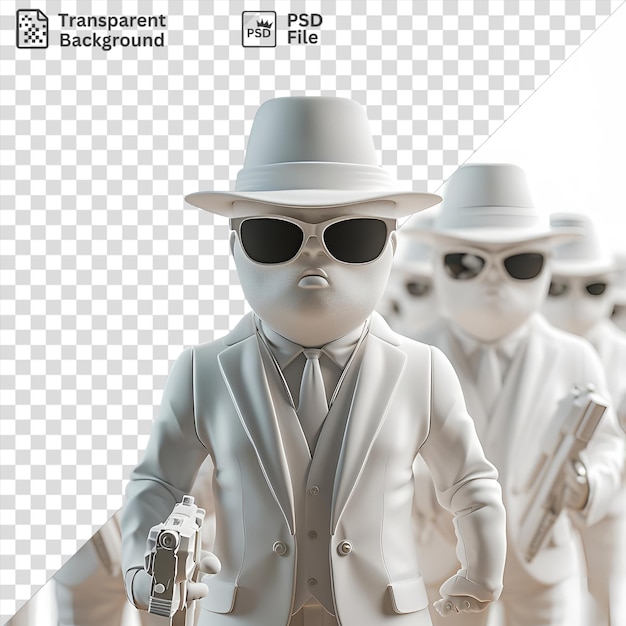 PSD psd 3d bande dessinée de gangster dans un costume de guerre de gangs et des lunettes de soleil tenant une arme portant un chapeau blanc et une cravate grise avec un jouet blanc et un bouton argenté en arrière-plan