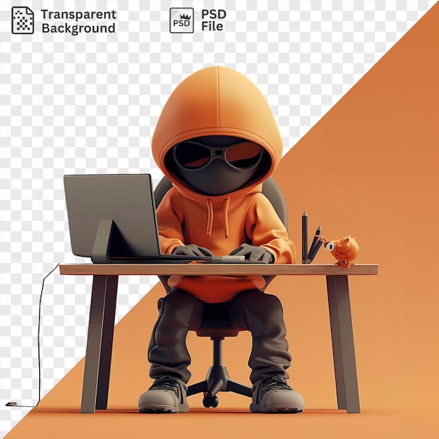 PSD 3D hacker dessin animé piratant un ordinateur sur une table en bois avec une souris noire et grise tout en portant un casque jaune et orange et un pantalon noir et gris avec une jambe en métal visible dans