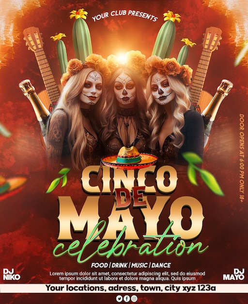 PSD Cinco de Mayo Feier Poster Design mit bearbeitbarem Text und Party Frauen Foto Hintergrund