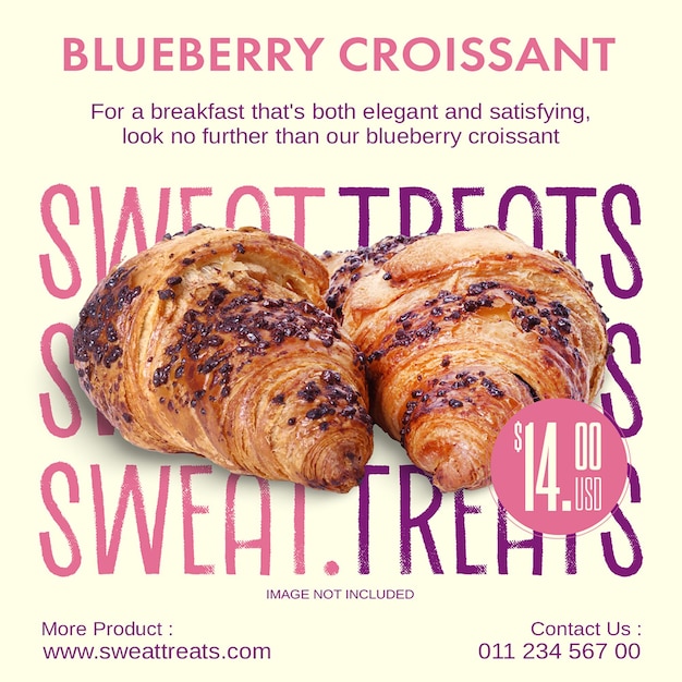 PSD Croissant Bakery Design de alimentos para mídias sociais e modelo de postagem do Instagram