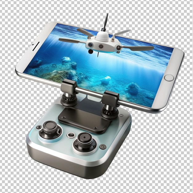 PSD de um controlador de drone subaquático com smartphone em fundo transparente