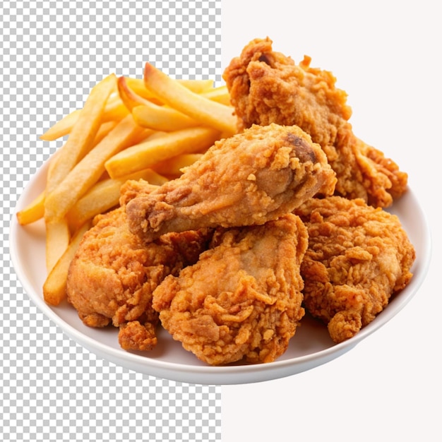 PSD de um delicioso frango frito com batatas fritas isoladas em fundo transparente