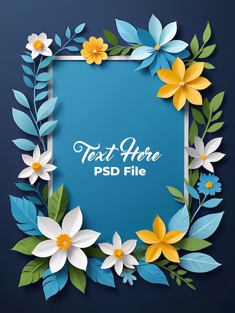 PSD fundo floral azul papel estilo de arte moldura cartão de convite de casamento floral flor floral