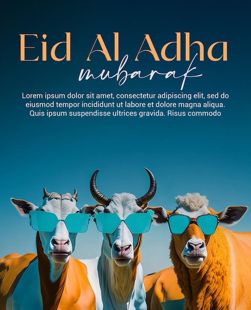 PSD Happy Eid ul Adha Eid al Adha Banner oder Poster mit Ziege mit Brille und drei posierenden Ziegen