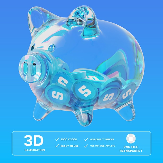 PSD psd-sand-klares glas-schweinchenbank mit abnehmenden stapeln von krypto-münzen 3d-illustration