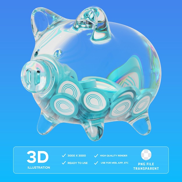 PSD psd srm klares glas sparschwein mit abnehmenden stapeln von krypto-münzen 3d-illustration