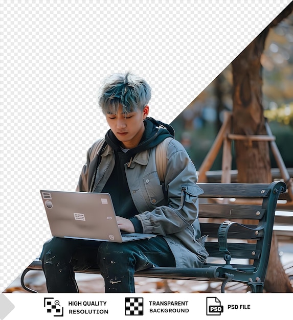PSD psd travaillant dans le parc avec un ordinateur portable sur un banc en bois entouré d'arbres portant une veste grise et avec des cheveux gris png