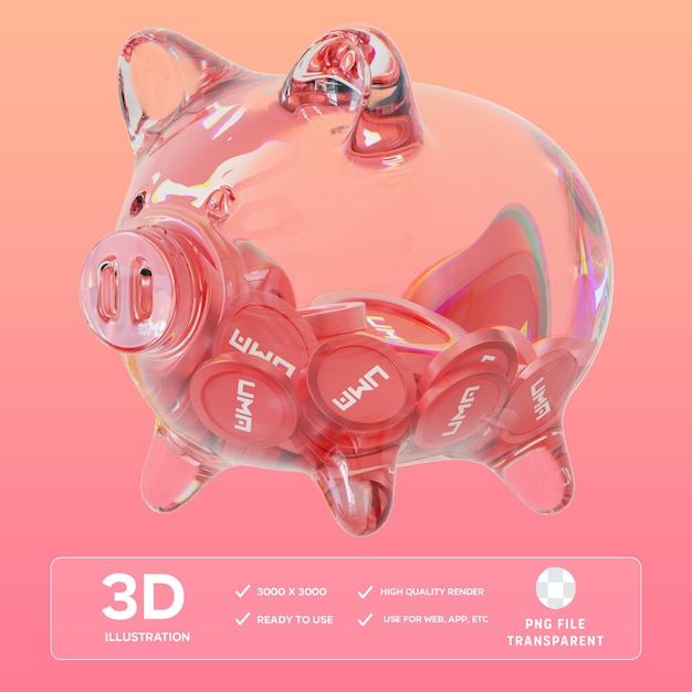 PSD psd uma klares glas sparschwein mit abnehmenden stapeln von krypto-münzen 3d-illustration