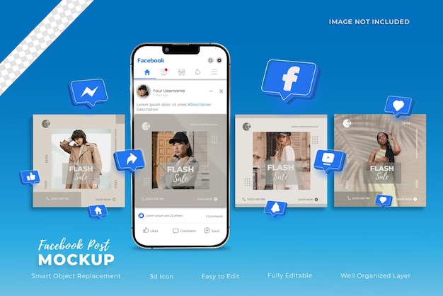 PSD publications facebook sur une maquette de smartphone avec des icônes 3d