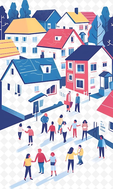 Un quartier de banlieue avec des familles qui votent pour une affiche à l'illustration plate