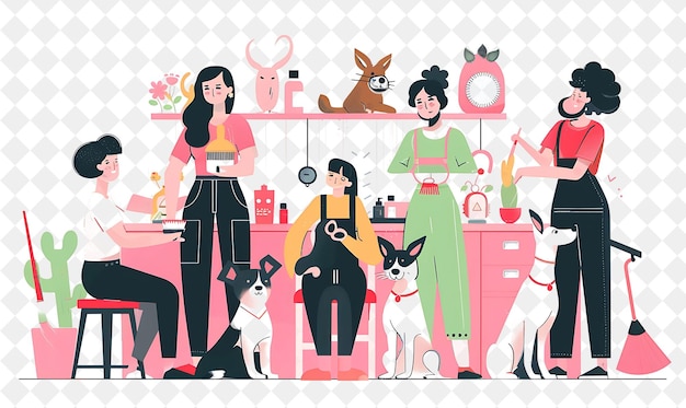 PSD quirky pet groomer avec des personnages se toilettant et se pamper pe png les gens dans l'illustration du travail quotidien