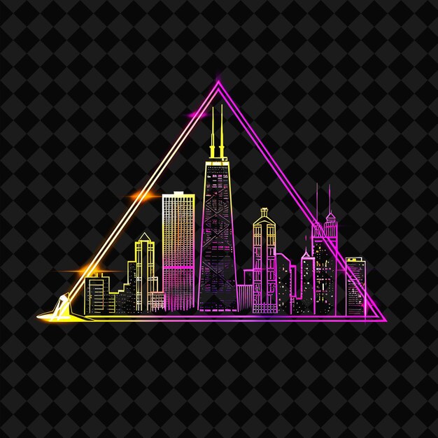 PSD radiante neon chicago skyline dentro de um triângulo de silhueta la png y2k monoline cityscape collage art