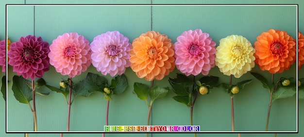 PSD une rangée de fleurs de dahlia vibrantes dans diverses nuances de rose orange et jaune sur un fond vert menthe