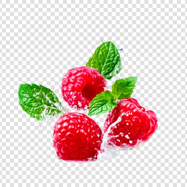 PSD raspberries avec des feuilles vertes et des éclaboussures sur un fond transparent