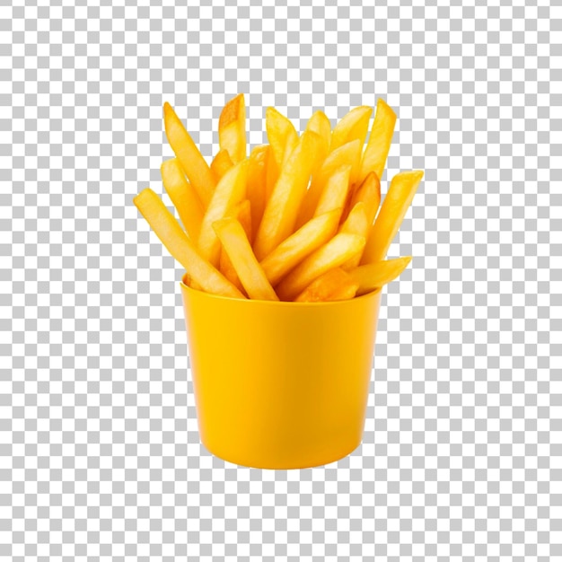 PSD un récipient jaune de frites est sur un fond transparent