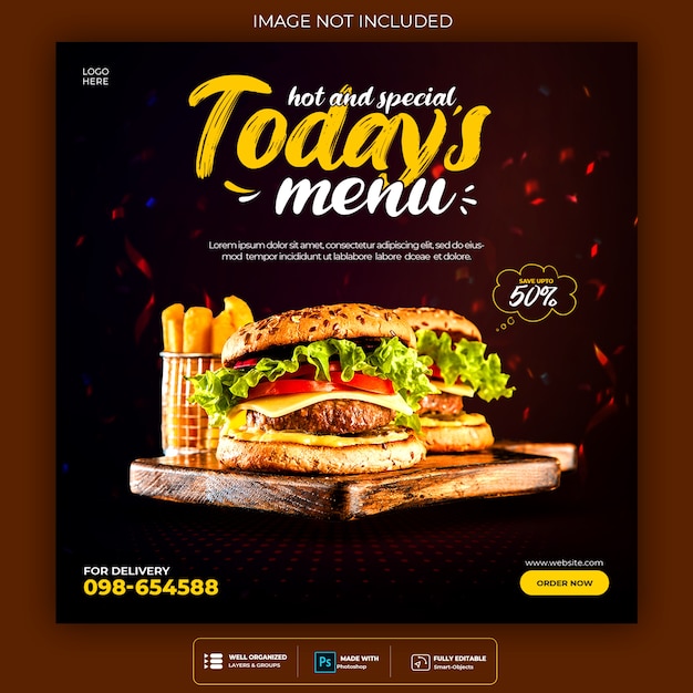 Redes sociais de hambúrguer de fast food e banner do instagram