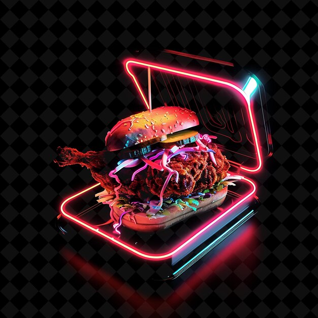 PSD relâmpago de neon brilhante sanduíche de frango quente de nashville em uma decoração de alimentação de neon png colecção y2k