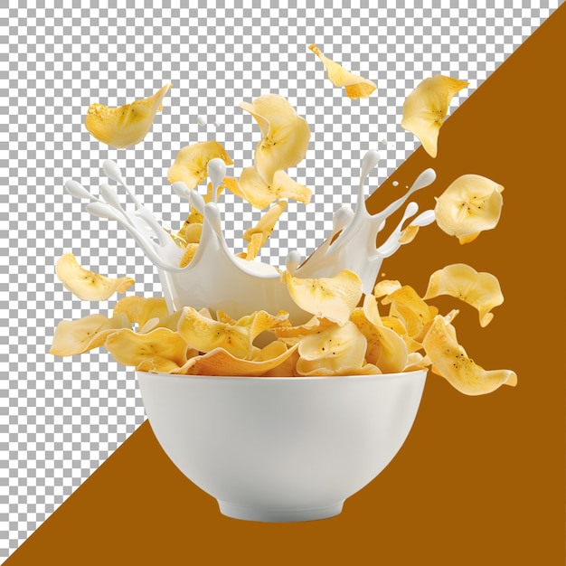 Rendering 3D d'une chips de banane dans un bol de lait sur un fond transparent généré par Ai