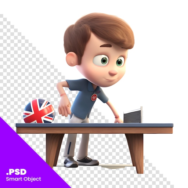 PSD rendering 3d di un ragazzino con la bandiera britannica sul modello psd del tavolo