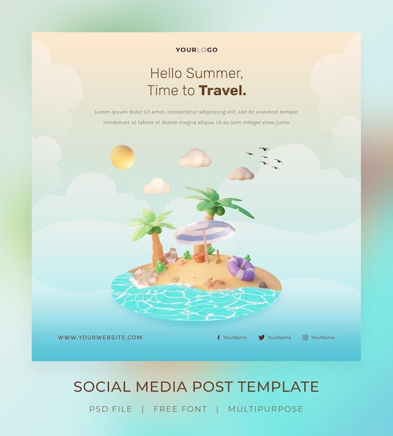 PSD rendering 3d, hello summer, modello di post sui social media, con illustrazione albero di cocco e spiaggia ombrellone