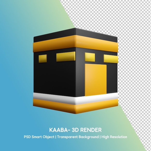 PSD rendering 3d de l'illustration kaaba avec un cube 3d noir et jaune avec un fond bleu