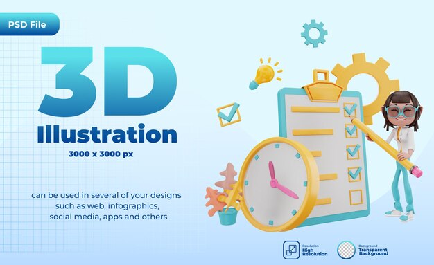 PSD renderização 3d da ilustração de gerenciamento de tempo