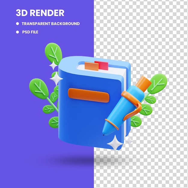 renderização 3D de ilustração de ícone de caderno e caneta, de volta à escola