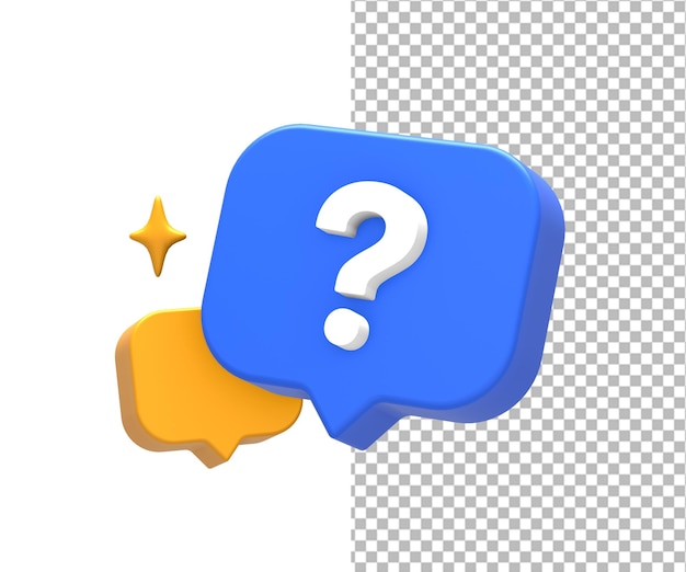 PSD renderização 3d de ponto de interrogação azul-amarelo ou sinal de pergunta com bolha para ui ux web design de aplicativo móvel