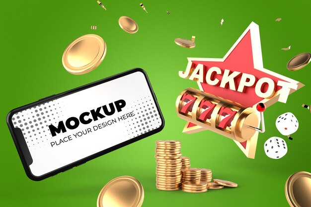 PSD renderização 3d de smartphone com jackpot 777 no conceito de jogo de caça-níqueis de cassino