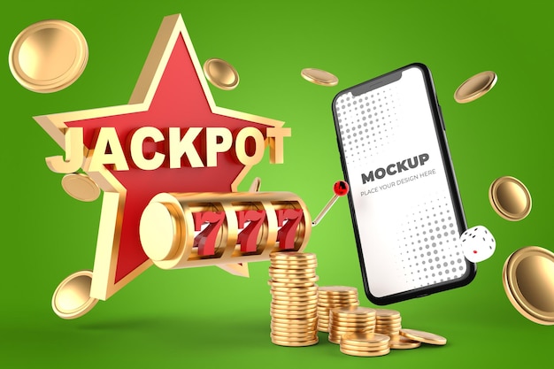 PSD renderização 3d de smartphone com jackpot 777 no conceito de jogo de caça-níqueis de cassino