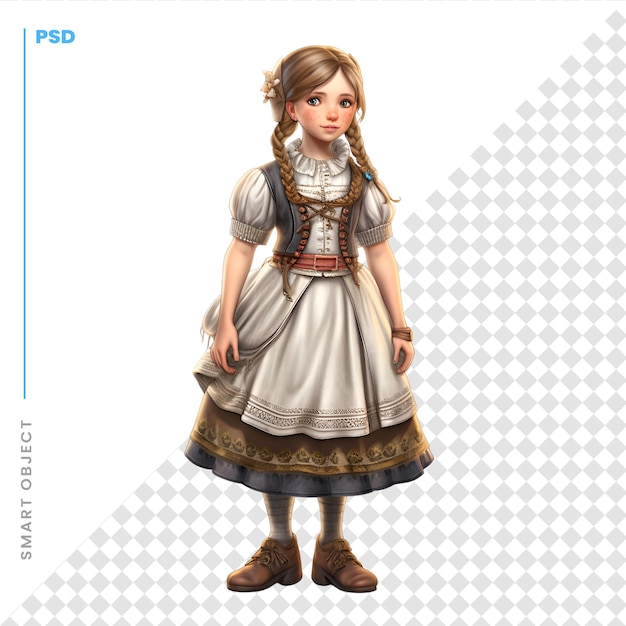 PSD renderização digital 3d de uma linda garota medieval isolada em fundo branco