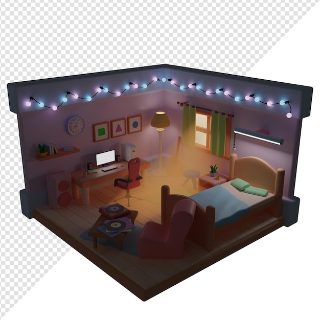 PSD renderização isométrica 3d do quarto à noite, fundo transparente.