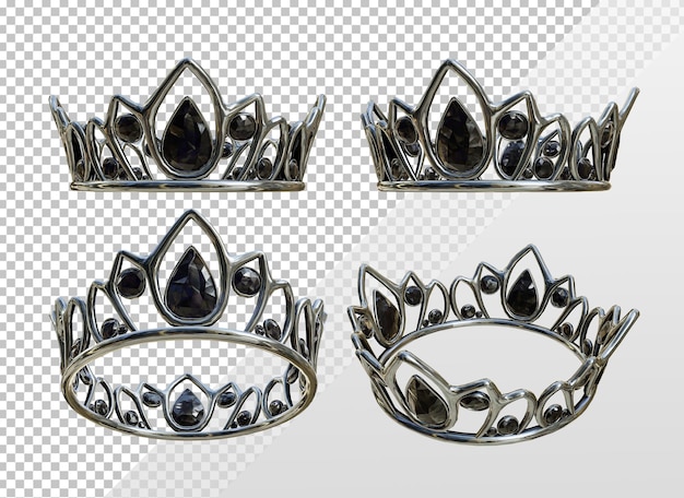 PSD rendu 3d de la couronne de la reine d'argent avec vue en perspective des gemmes noires