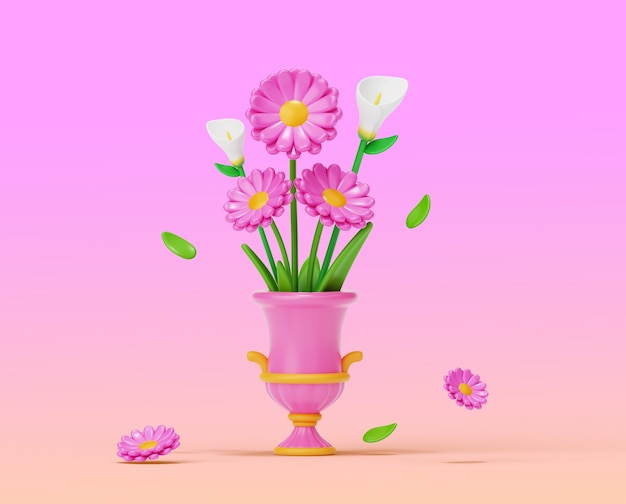 Rendu 3D de fleurs en nature morte à l'arrière-plan