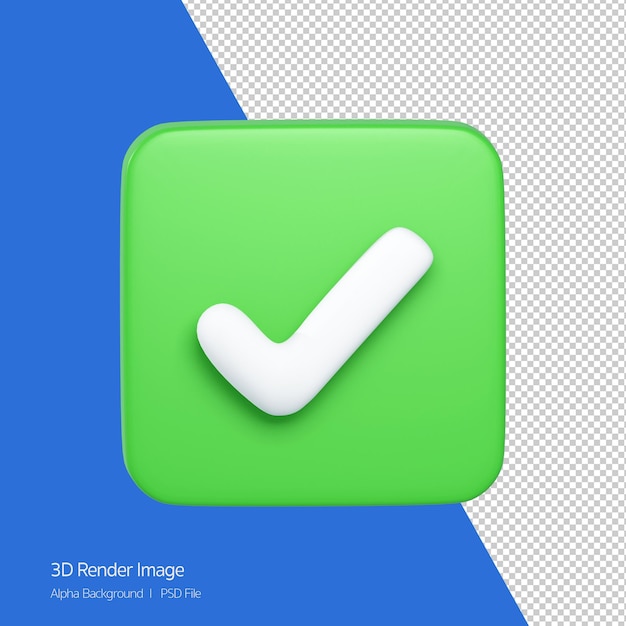 PSD rendu 3d de l'icône correcte sur le bouton vert isolé sur blanc.