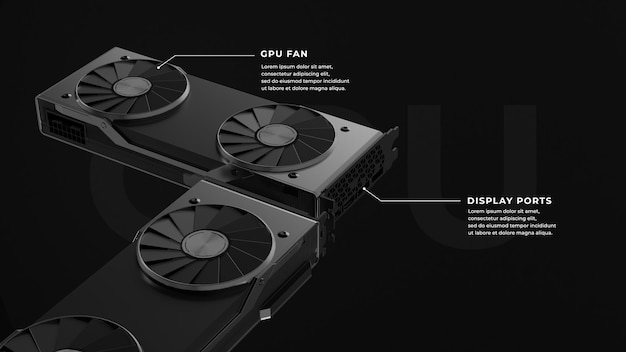 PSD rendu 3d d'infographie de spécification de deux cartes graphiques